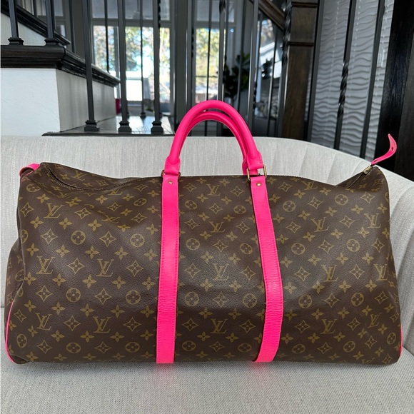 💯 LOUIS VUITTON Monogram Pink Trim Keepall 55 Brown Luggage Bag - Picture 1 of 13